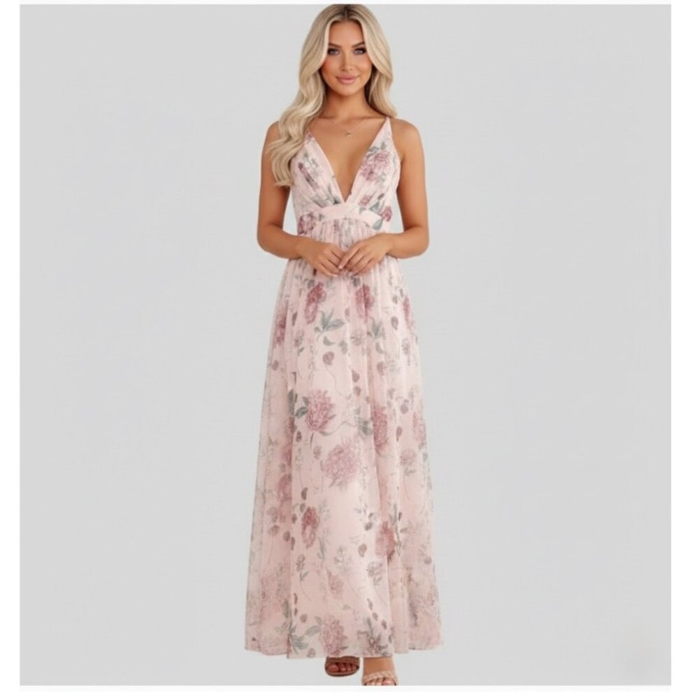 Floral Deep V-Neck Sleeveless High Waist Pleated Backless Chiffon Dress